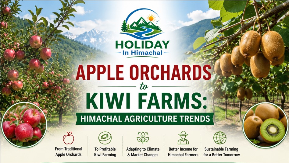 Apple Orchards to Kiwi Farms in Himachal Pradesh showcasing the shift in agriculture, featuring apple orchards, kiwi plantations, mountain landscapes, and the Holiday In Himachal logo.